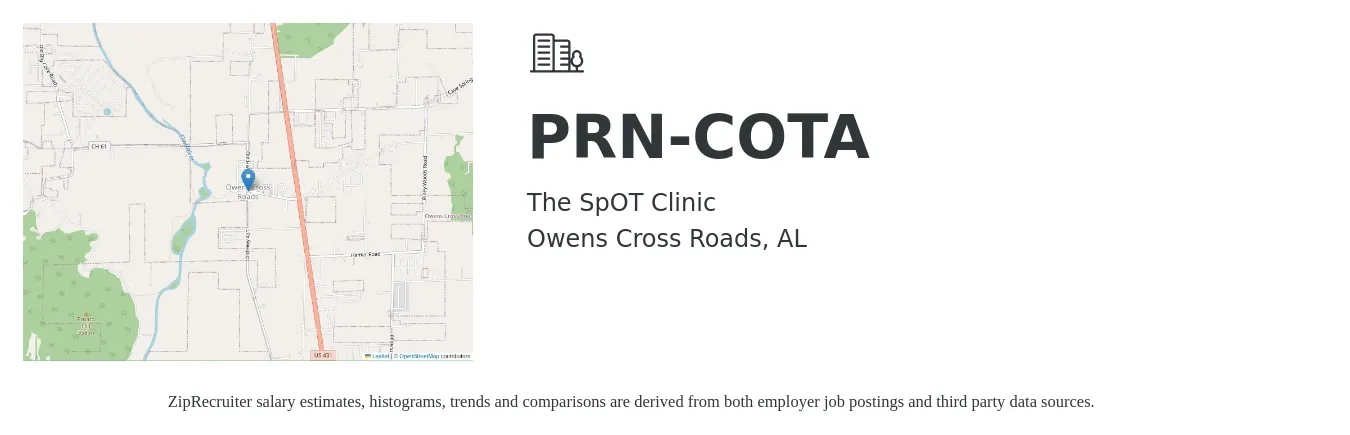 The SpOT Clinic job posting for a PRN-COTA in Owens Cross Roads, AL with a salary of $20 to $25 Hourly with a map of Owens Cross Roads location.