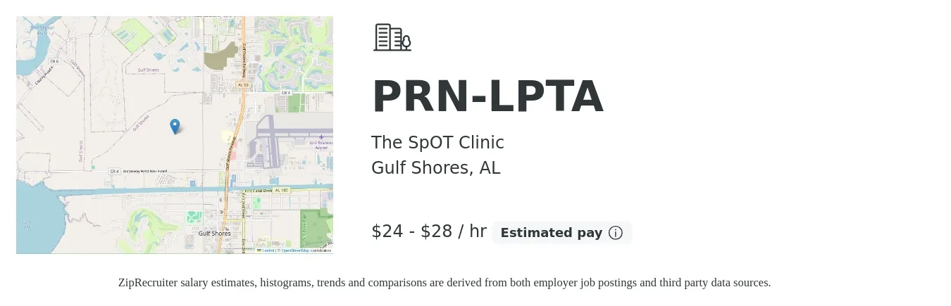 The SpOT Clinic job posting for a PRN-LPTA in Gulf Shores, AL with a salary of $25 to $30 Hourly with a map of Gulf Shores location.