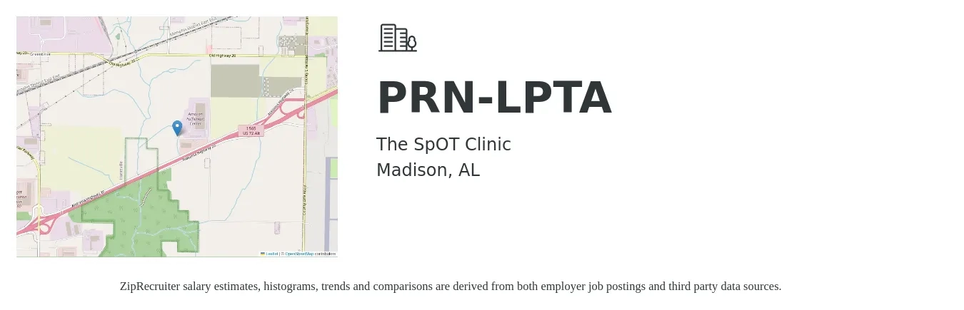 The SpOT Clinic job posting for a PRN-LPTA in Madison, AL with a salary of $25 to $30 Hourly with a map of Madison location.