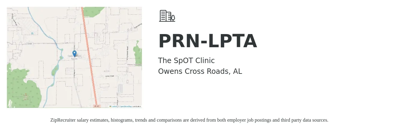 The SpOT Clinic job posting for a PRN-LPTA in Owens Cross Roads, AL with a salary of $25 to $30 Hourly with a map of Owens Cross Roads location.