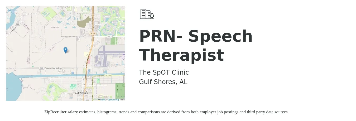 The SpOT Clinic job posting for a PRN- Speech Therapist in Gulf Shores, AL with a salary of $30 to $40 Hourly with a map of Gulf Shores location.