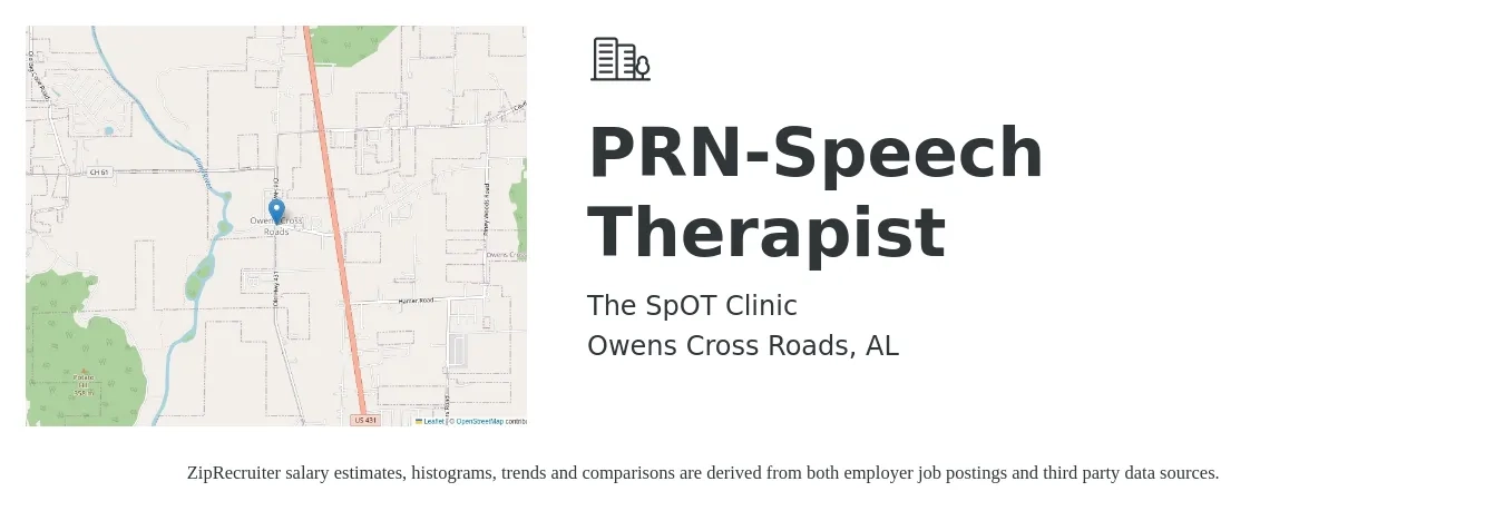 The SpOT Clinic job posting for a PRN-Speech Therapist in Owens Cross Roads, AL with a salary of $30 to $40 Hourly with a map of Owens Cross Roads location.