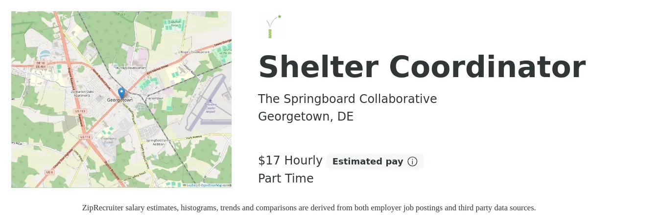 The Springboard Collaborative job posting for a Shelter Coordinator in Georgetown, DE with a salary of $18 Hourly with a map of Georgetown location.