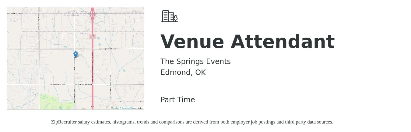 The Springs Events job posting for a Venue Attendant in Edmond, OK with a salary of $12 Hourly with a map of Edmond location.