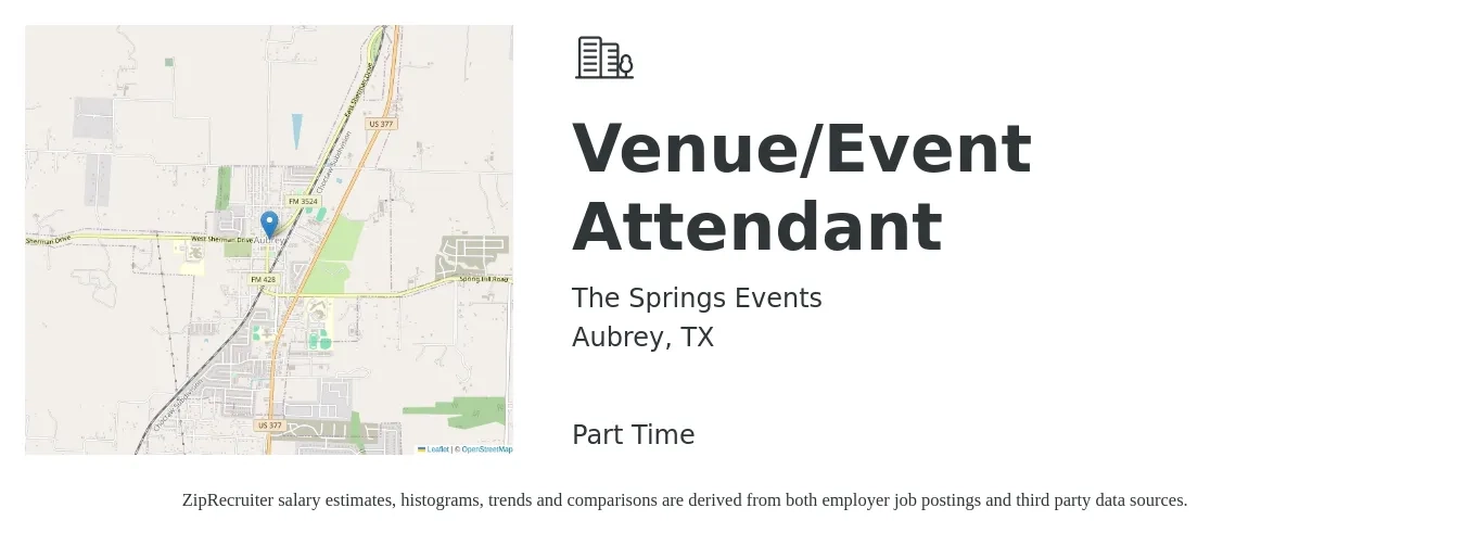 The Springs Events job posting for a Venue/Event Attendant in Aubrey, TX with a salary of $14 to $19 Hourly with a map of Aubrey location.
