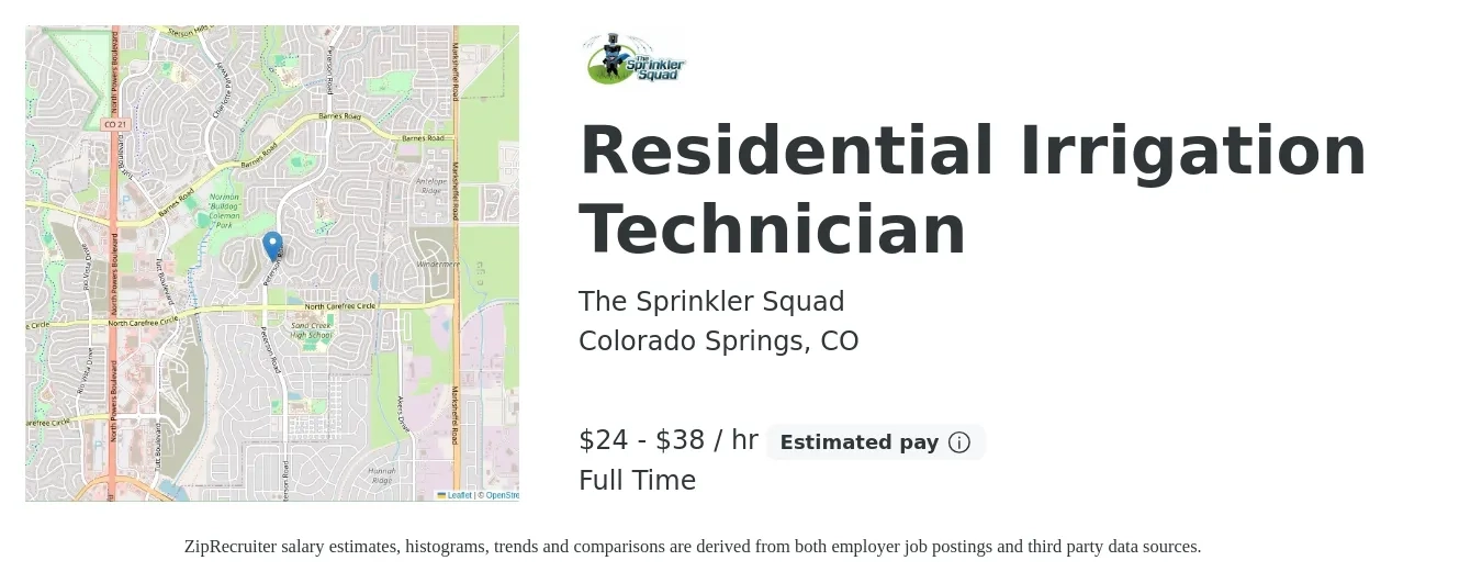 The Sprinkler Squad job posting for a Residential Irrigation Technician in Colorado Springs, CO with a salary of $25 to $40 Hourly (plus commission) with a map of Colorado Springs location.