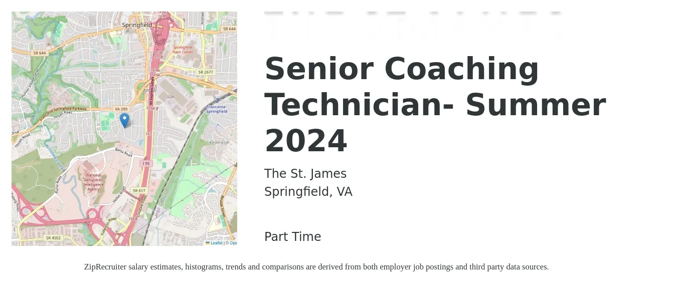The St. James job posting for a Senior Coaching Technician- Summer 2024 in Springfield, VA with a salary of $20 to $30 Hourly with a map of Springfield location.