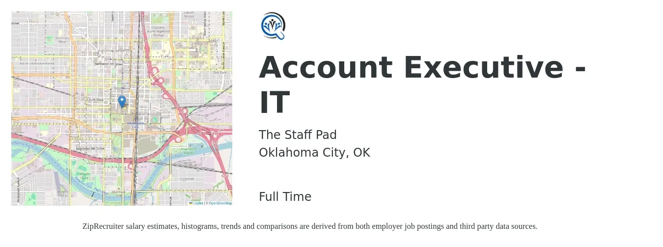 The Staff Pad job posting for a Account Executive - IT in Oklahoma City, OK with a salary of $50,200 to $88,200 Yearly with a map of Oklahoma City location.