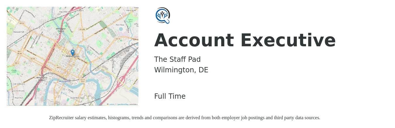 The Staff Pad job posting for a Account Executive in Wilmington, DE with a salary of $52,400 to $92,200 Yearly with a map of Wilmington location.