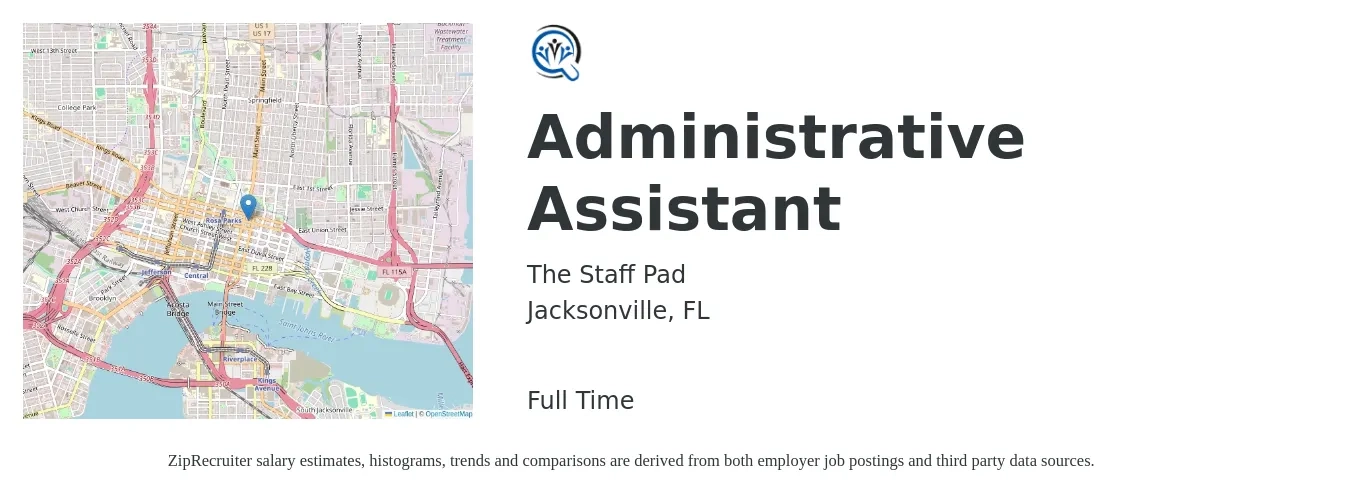 The Staff Pad job posting for a Administrative Assistant in Jacksonville, FL with a salary of $16 to $22 Hourly with a map of Jacksonville location.