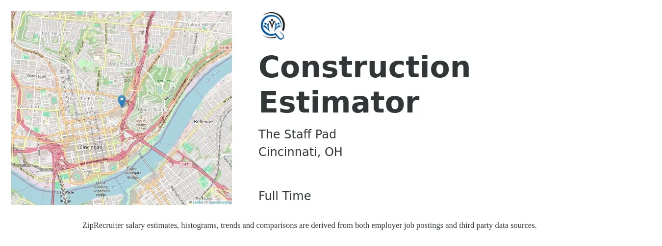 The Staff Pad job posting for a Construction Estimator in Cincinnati, OH with a salary of $59,500 to $94,900 Yearly with a map of Cincinnati location.