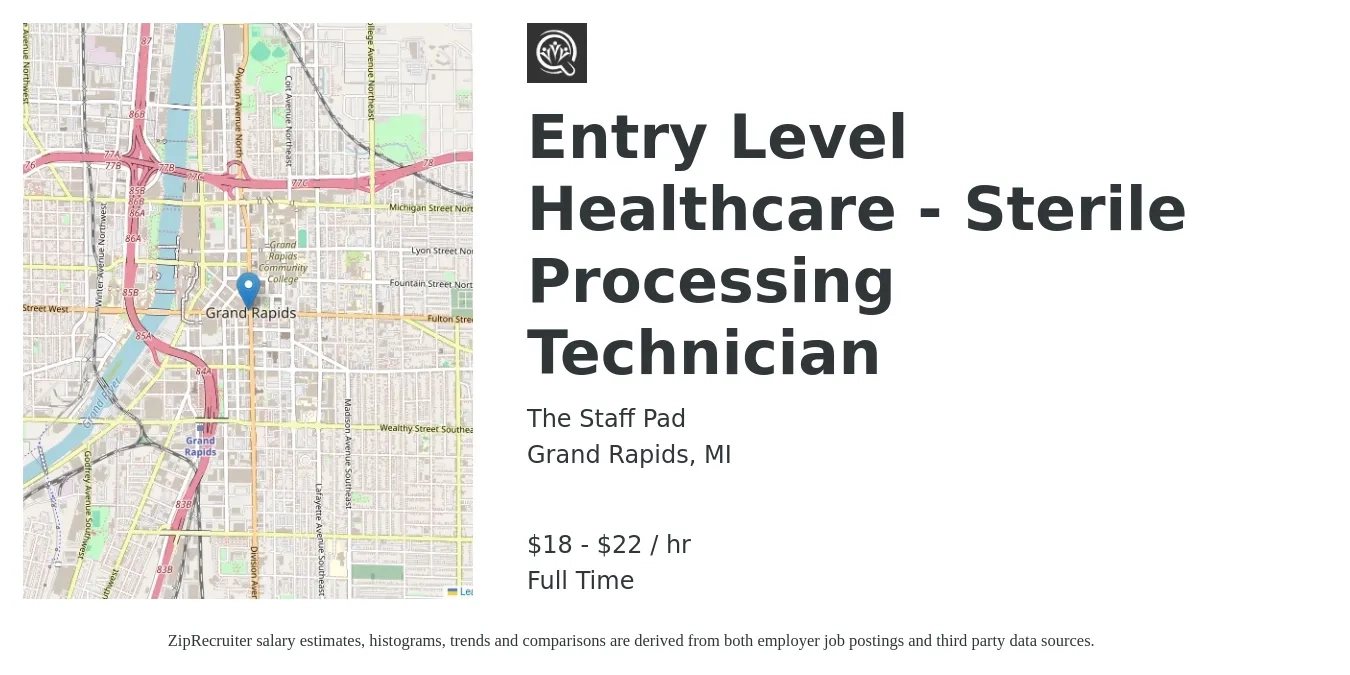 The Staff Pad job posting for a Entry Level Healthcare - Sterile Processing Technician in Grand Rapids, MI with a salary of $19 to $23 Hourly with a map of Grand Rapids location.