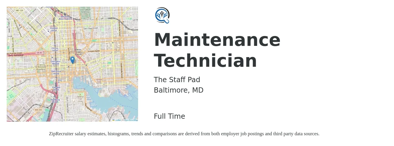 The Staff Pad job posting for a Maintenance Technician in Baltimore, MD with a salary of $18 to $26 Hourly with a map of Baltimore location.