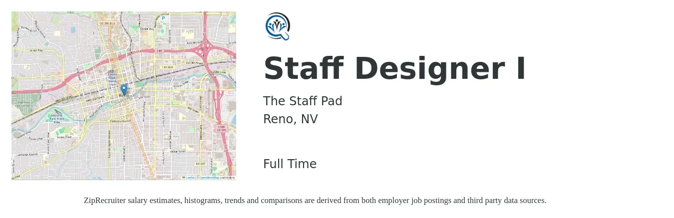 The Staff Pad job posting for a Staff Designer I in Reno, NV with a salary of $20 to $25 Hourly with a map of Reno location.