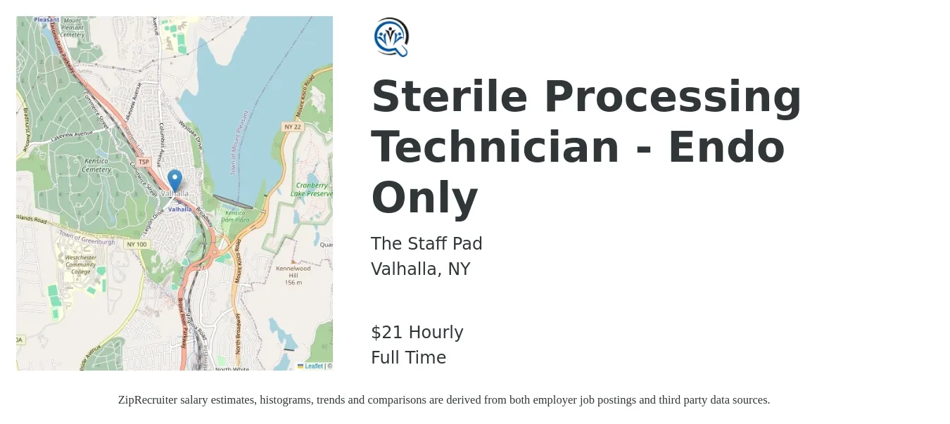The Staff Pad job posting for a Sterile Processing Technician - Endo Only in Valhalla, NY with a salary of $23 Hourly with a map of Valhalla location.