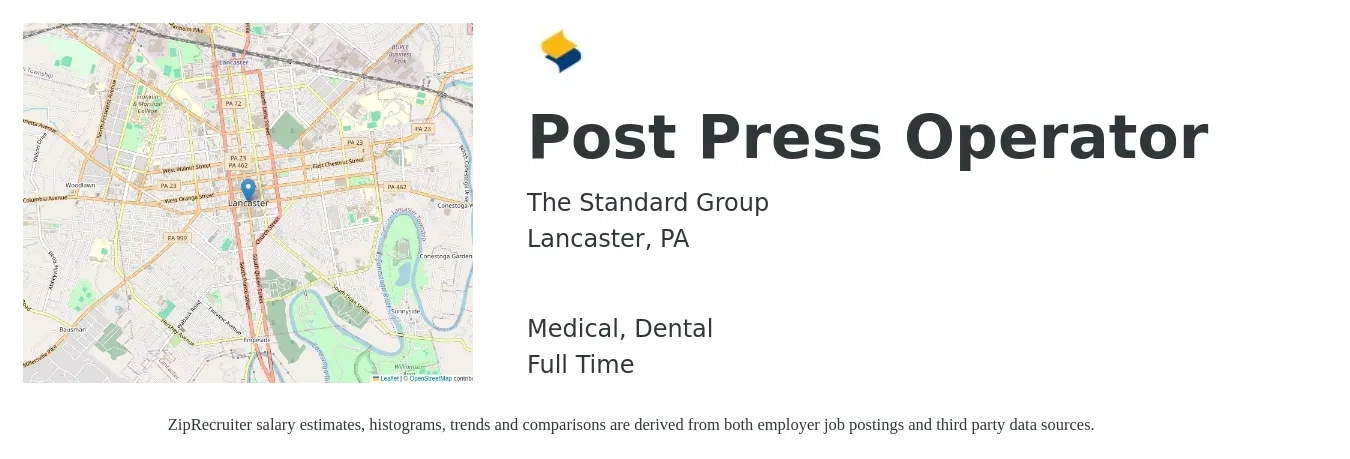 The Standard Group job posting for a Post Press Operator in Lancaster, PA with a salary of $16 to $21 Hourly and benefits including medical, pto, retirement, dental, and life_insurance with a map of Lancaster location.