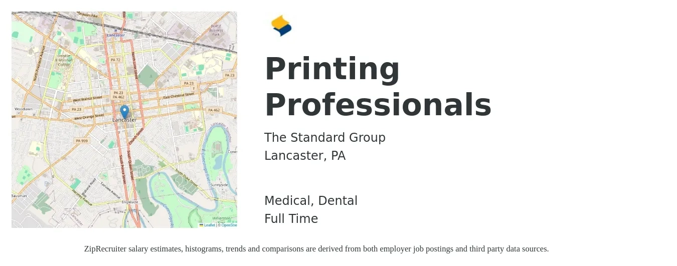 The Standard Group job posting for a Printing Professionals in Lancaster, PA with a salary of $58,300 to $128,300 Yearly and benefits including dental, life_insurance, medical, pto, and retirement with a map of Lancaster location.