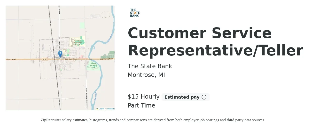 The State Bank job posting for a Customer Service Representative/Teller in Montrose, MI with a salary of $16 Hourly with a map of Montrose location.