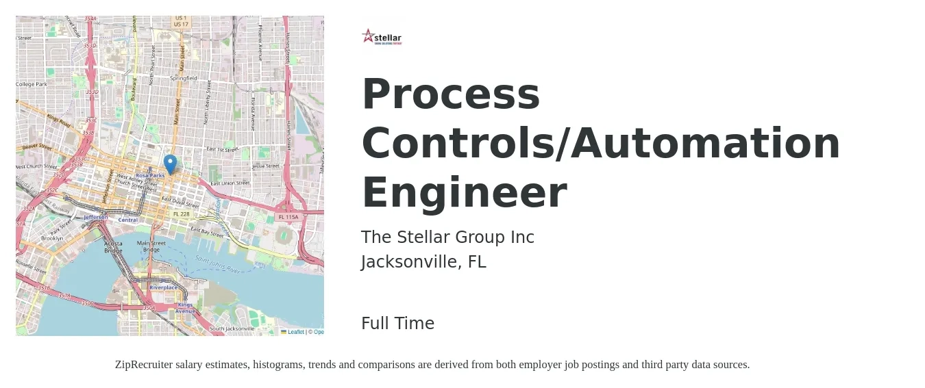 The Stellar Group Inc job posting for a Process Controls/Automation Engineer in Jacksonville, FL with a salary of $75,900 to $98,200 Yearly with a map of Jacksonville location.