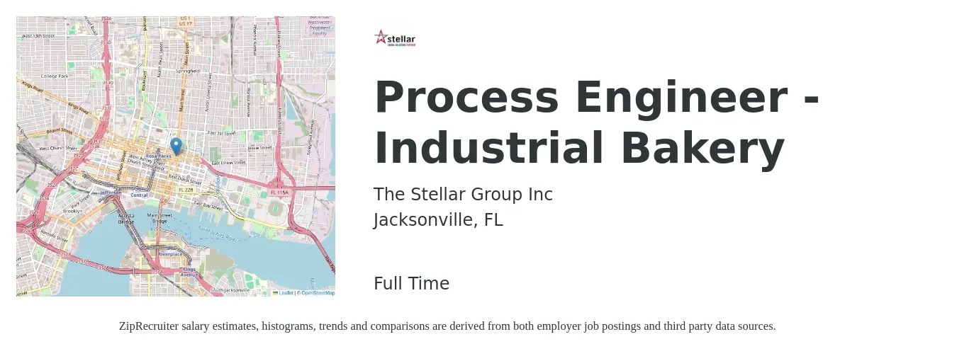The Stellar Group Inc job posting for a Process Engineer - Industrial Bakery in Jacksonville, FL with a salary of $67,700 to $93,600 Yearly with a map of Jacksonville location.