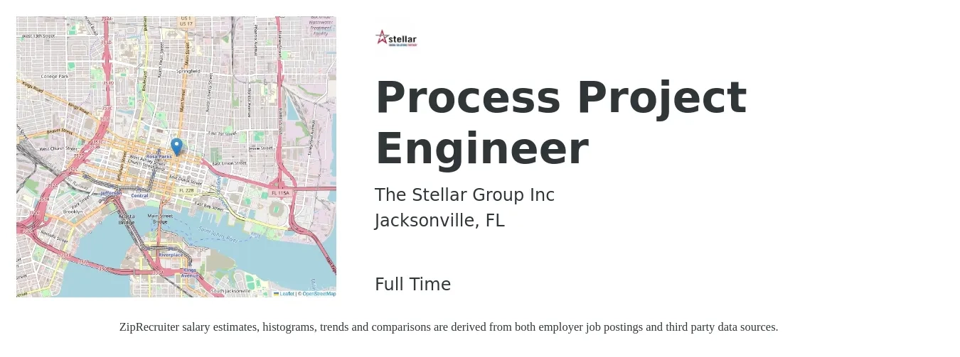 The Stellar Group Inc job posting for a Process Project Engineer in Jacksonville, FL with a salary of $71,400 to $106,400 Yearly with a map of Jacksonville location.