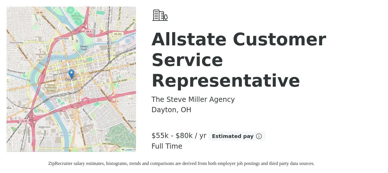 The Steve Miller Agency job posting for a Allstate Customer Service Representative in Dayton, OH with a salary of $55,000 to $80,000 Yearly with a map of Dayton location.