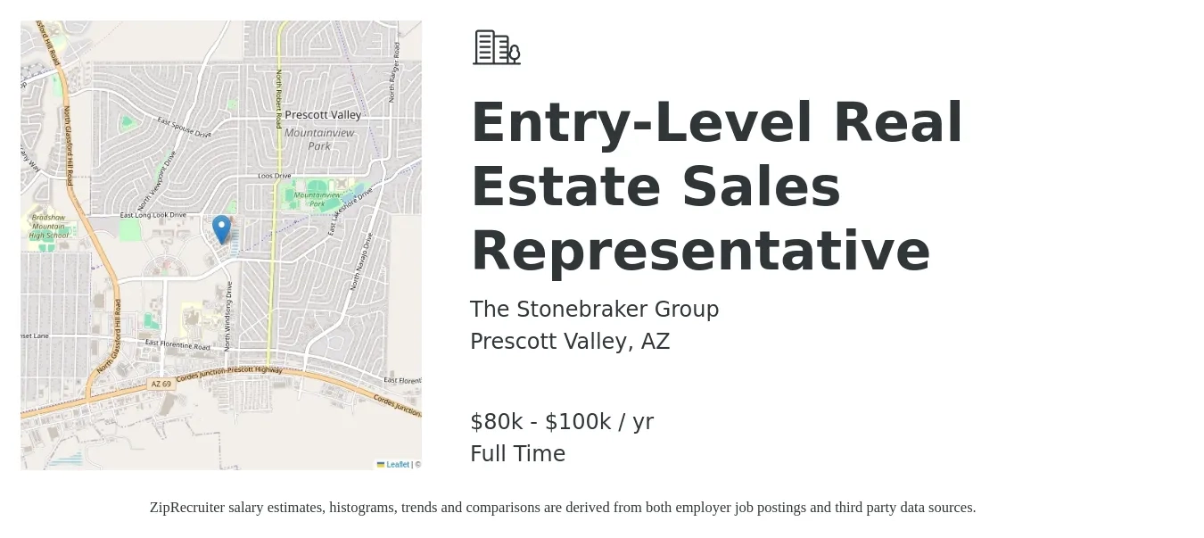 The Stonebraker Group job posting for a Entry-Level Real Estate Sales Representative in Prescott Valley, AZ with a salary of $80,000 to $100,000 Yearly with a map of Prescott Valley location.