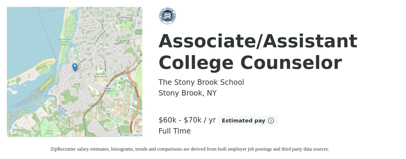 The Stony Brook School job posting for a Associate/Assistant College Counselor in Stony Brook, NY with a salary of $60,000 to $70,000 Yearly with a map of Stony Brook location.