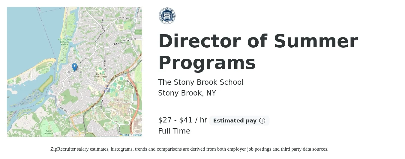 The Stony Brook School job posting for a Director of Summer Programs in Stony Brook, NY with a salary of $60,000 to $90,000 Yearly with a map of Stony Brook location.