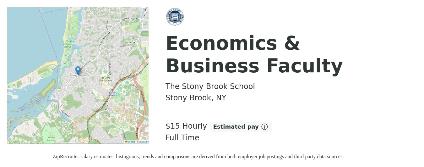 The Stony Brook School job posting for a Economics & Business Faculty in Stony Brook, NY with a salary of $33,000 to $106,000 Yearly with a map of Stony Brook location.