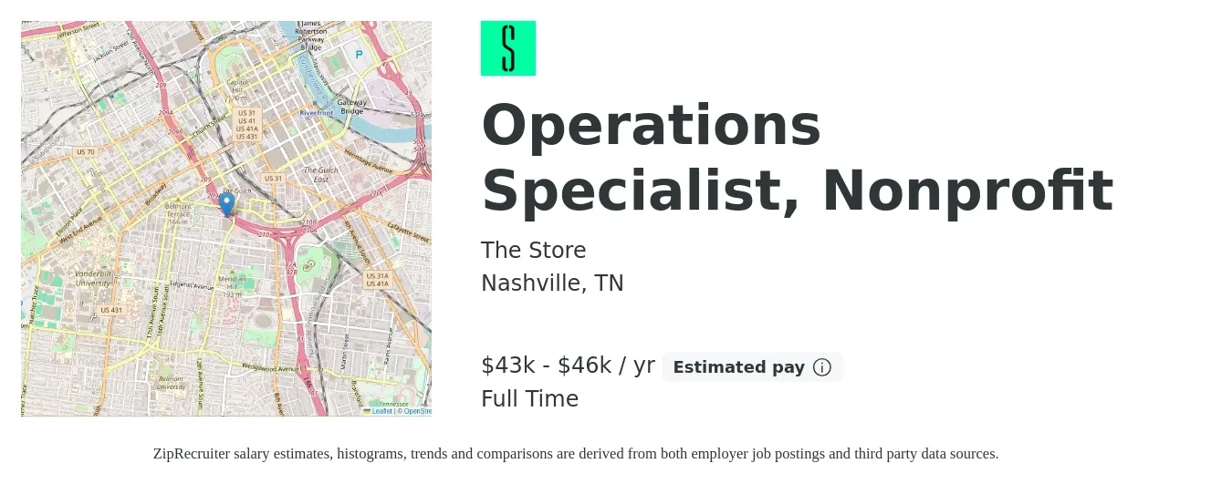 The Store job posting for a Operations Specialist, Nonprofit in Nashville, TN with a salary of $43,000 to $46,000 Yearly with a map of Nashville location.