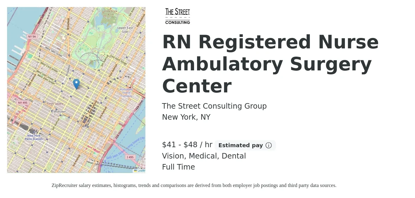 The Street Consulting Group job posting for a RN Registered Nurse Ambulatory Surgery Center in New York, NY with a salary of $43 to $50 Hourly and benefits including medical, retirement, vision, and dental with a map of New York location.