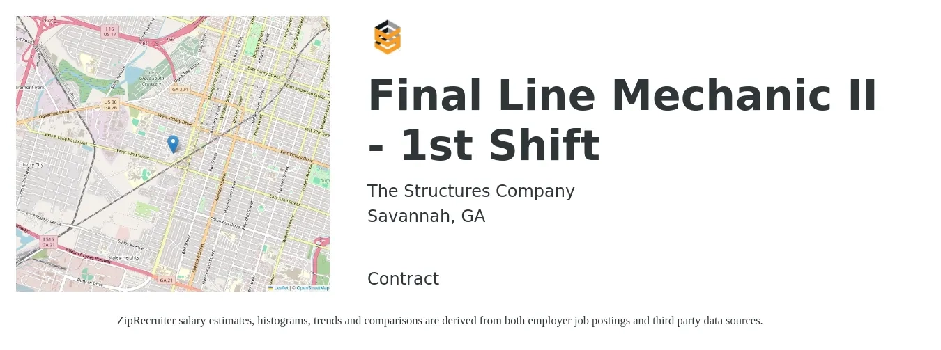 The Structures Company job posting for a Final Line Mechanic II - 1st Shift in Savannah, GA with a salary of $24 to $33 Hourly with a map of Savannah location.