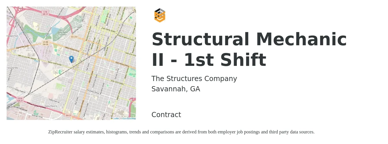 The Structures Company job posting for a Structural Mechanic II - 1st Shift in Savannah, GA with a salary of $20 to $36 Hourly with a map of Savannah location.