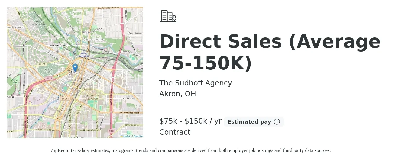 The Sudhoff Agency job posting for a Direct Sales (Average 75-150K) in Akron, OH with a salary of $75,000 to $150,000 Yearly with a map of Akron location.