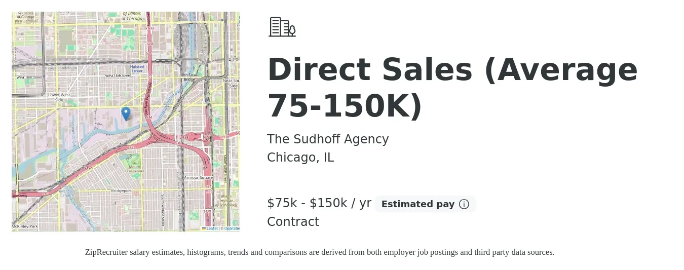 The Sudhoff Agency job posting for a Direct Sales (Average 75-150K) in Chicago, IL with a salary of $75,000 to $150,000 Yearly with a map of Chicago location.