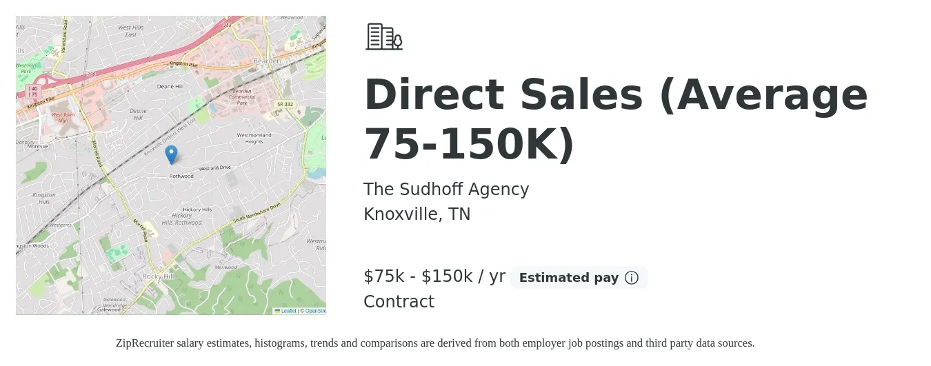 The Sudhoff Agency job posting for a Direct Sales (Average 75-150K) in Knoxville, TN with a salary of $75,000 to $150,000 Yearly with a map of Knoxville location.