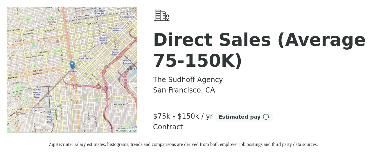 The Sudhoff Agency job posting for a Direct Sales (Average 75-150K) in San Francisco, CA with a salary of $75,000 to $150,000 Yearly with a map of San Francisco location.