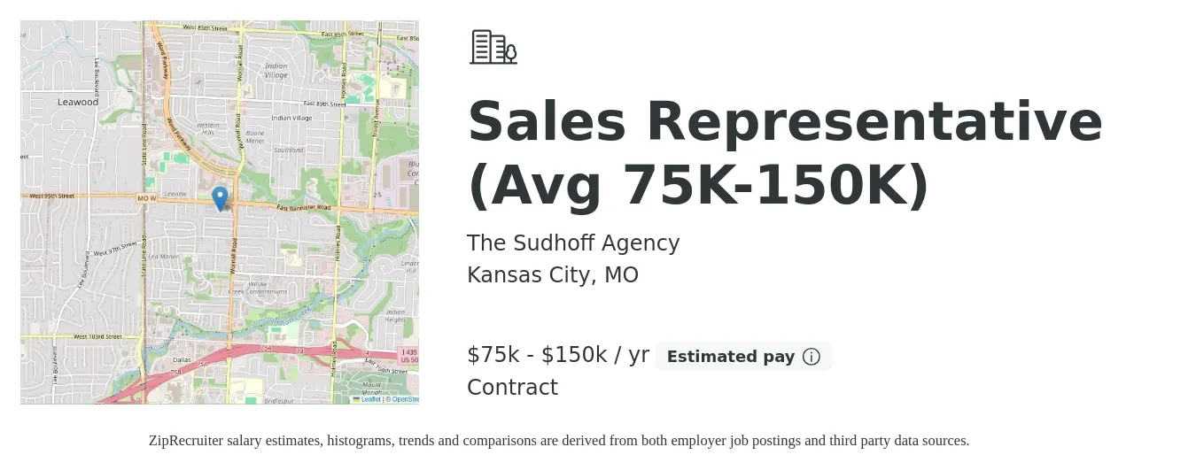The Sudhoff Agency job posting for a Sales Representative (Avg 75K-150K) in Kansas City, MO with a salary of $75,000 to $150,000 Yearly with a map of Kansas City location.