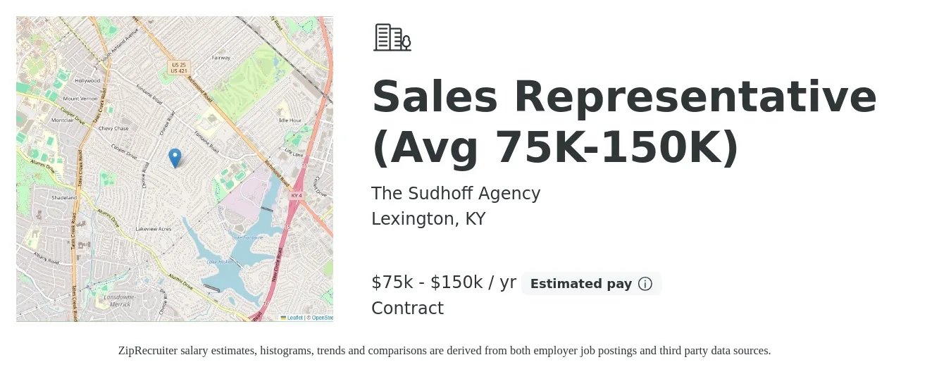 The Sudhoff Agency job posting for a Sales Representative (Avg 75K-150K) in Lexington, KY with a salary of $75,000 to $150,000 Yearly with a map of Lexington location.
