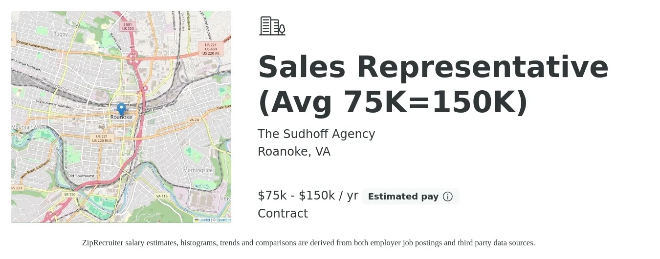 The Sudhoff Agency job posting for a Sales Representative (Avg 75K=150K) in Roanoke, VA with a salary of $75,000 to $150,000 Yearly with a map of Roanoke location.