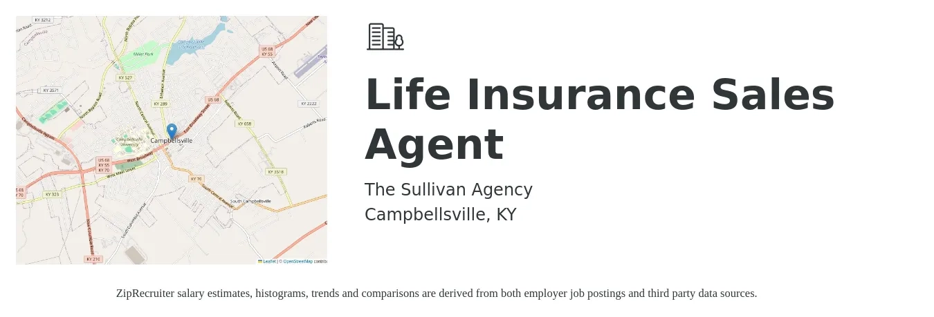 The Sullivan Agency job posting for a Life Insurance Sales Agent in Campbellsville, KY with a salary of $90,400 to $117,300 Yearly with a map of Campbellsville location.