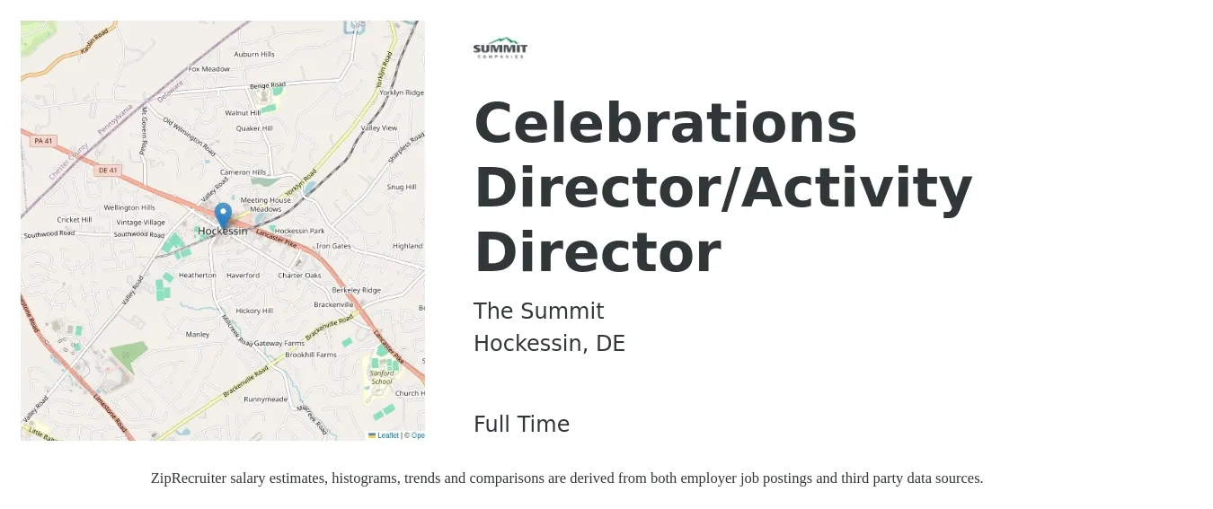 The Summit job posting for a Celebrations Director/Activity Director in Hockessin, DE with a salary of $19 to $26 Hourly with a map of Hockessin location.
