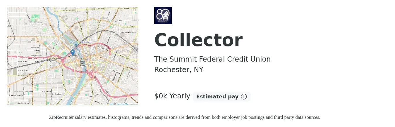 The Summit Federal Credit Union job posting for a Collector in Rochester, NY with a salary of $20 to $22 Yearly with a map of Rochester location.