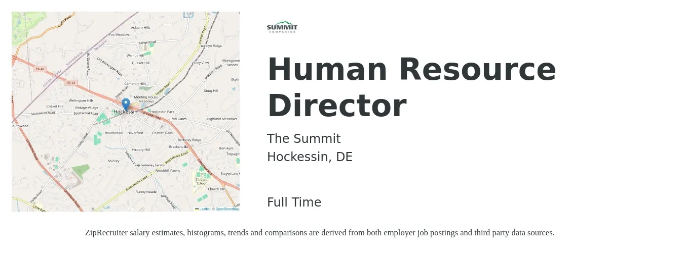 The Summit job posting for a Human Resource Director in Hockessin, DE with a salary of $88,400 to $136,300 Yearly with a map of Hockessin location.