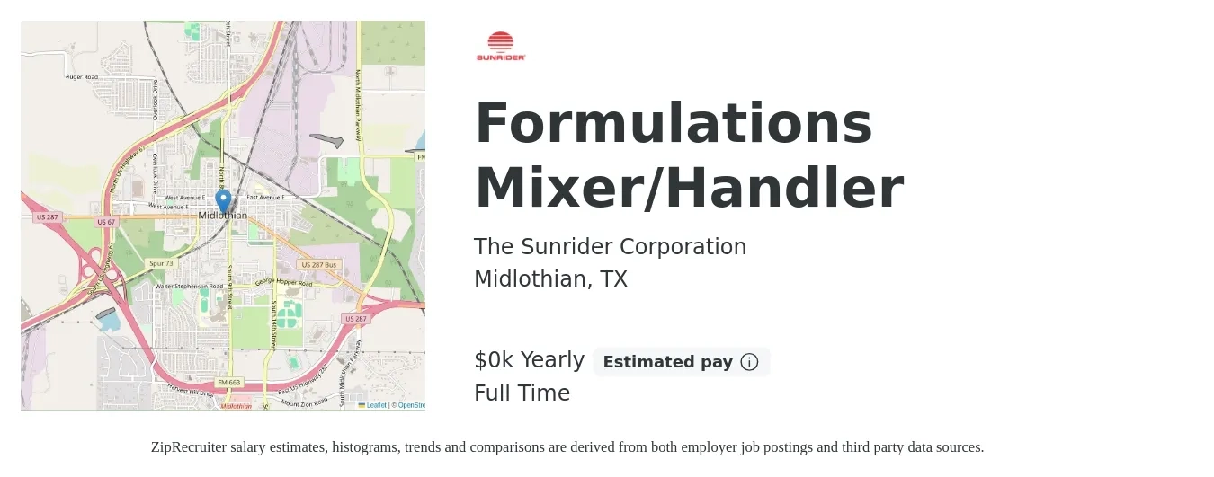 The Sunrider Corporation job posting for a Formulations Mixer/Handler in Midlothian, TX with a salary of $19 to $19 Yearly with a map of Midlothian location.