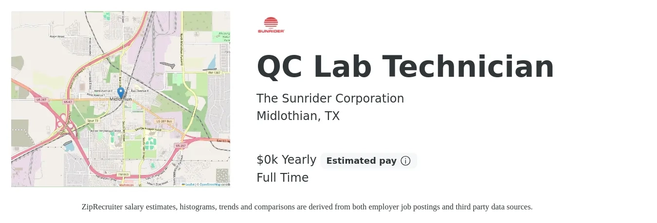 The Sunrider Corporation job posting for a QC Lab Technician in Midlothian, TX with a salary of $19 to $19 Yearly with a map of Midlothian location.