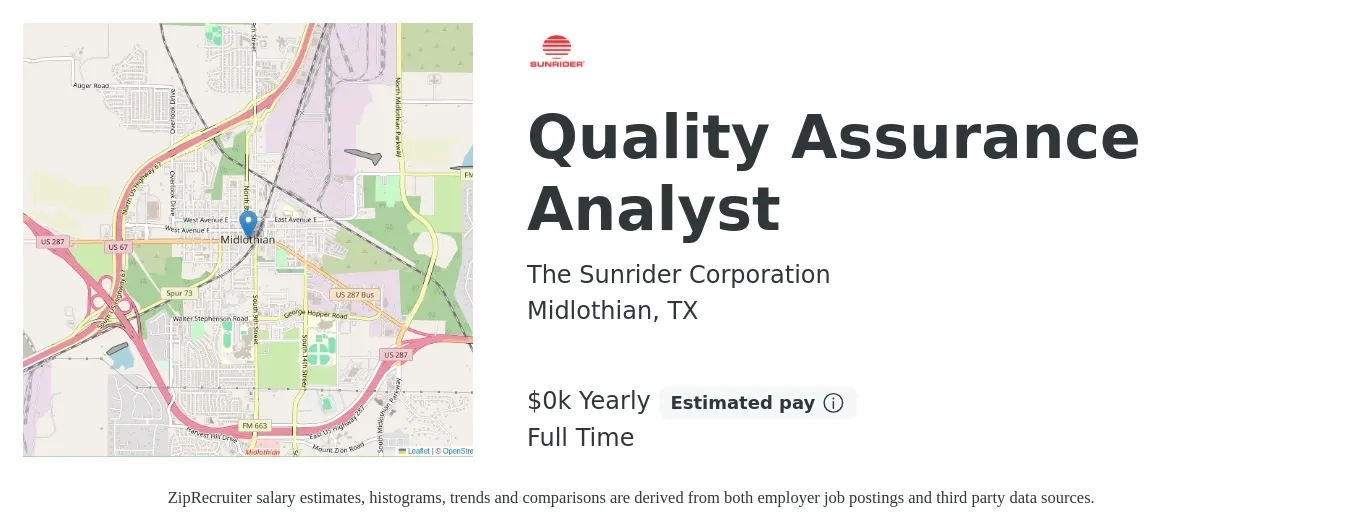 The Sunrider Corporation job posting for a Quality Assurance Analyst in Midlothian, TX with a salary of $27 to $28 Yearly with a map of Midlothian location.