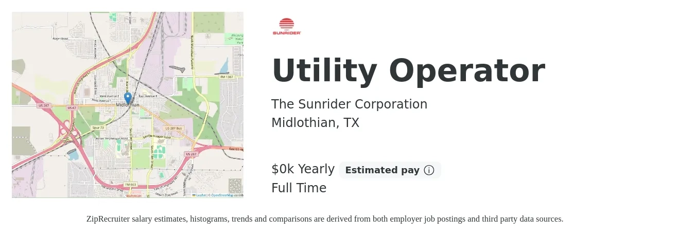 The Sunrider Corporation job posting for a Utility Operator in Midlothian, TX with a salary of $19 to $20 Yearly with a map of Midlothian location.