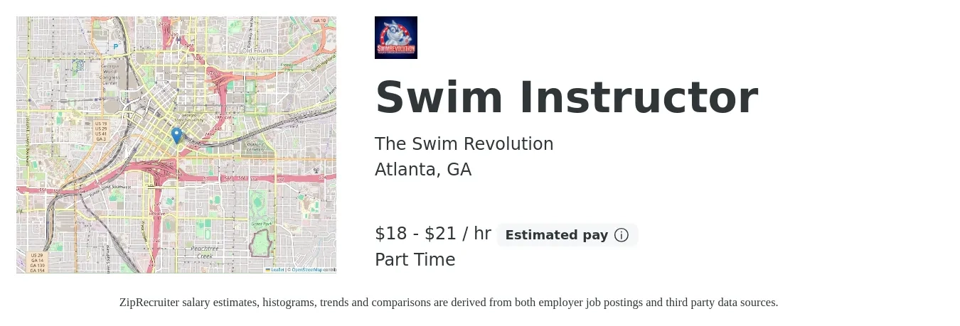 The Swim Revolution job posting for a Swim Instructor in Atlanta, GA with a salary of $19 to $22 Hourly with a map of Atlanta location.